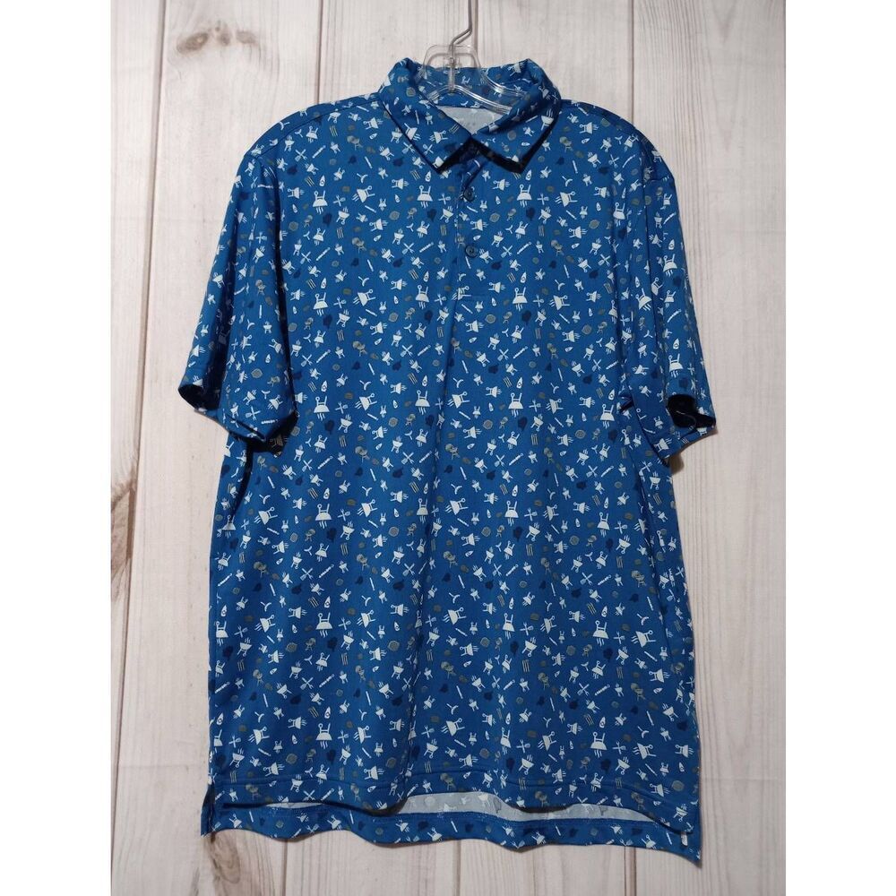 1764 Mens Blue BBQ Grill Picnic Print Performance Polo Shirt Size M